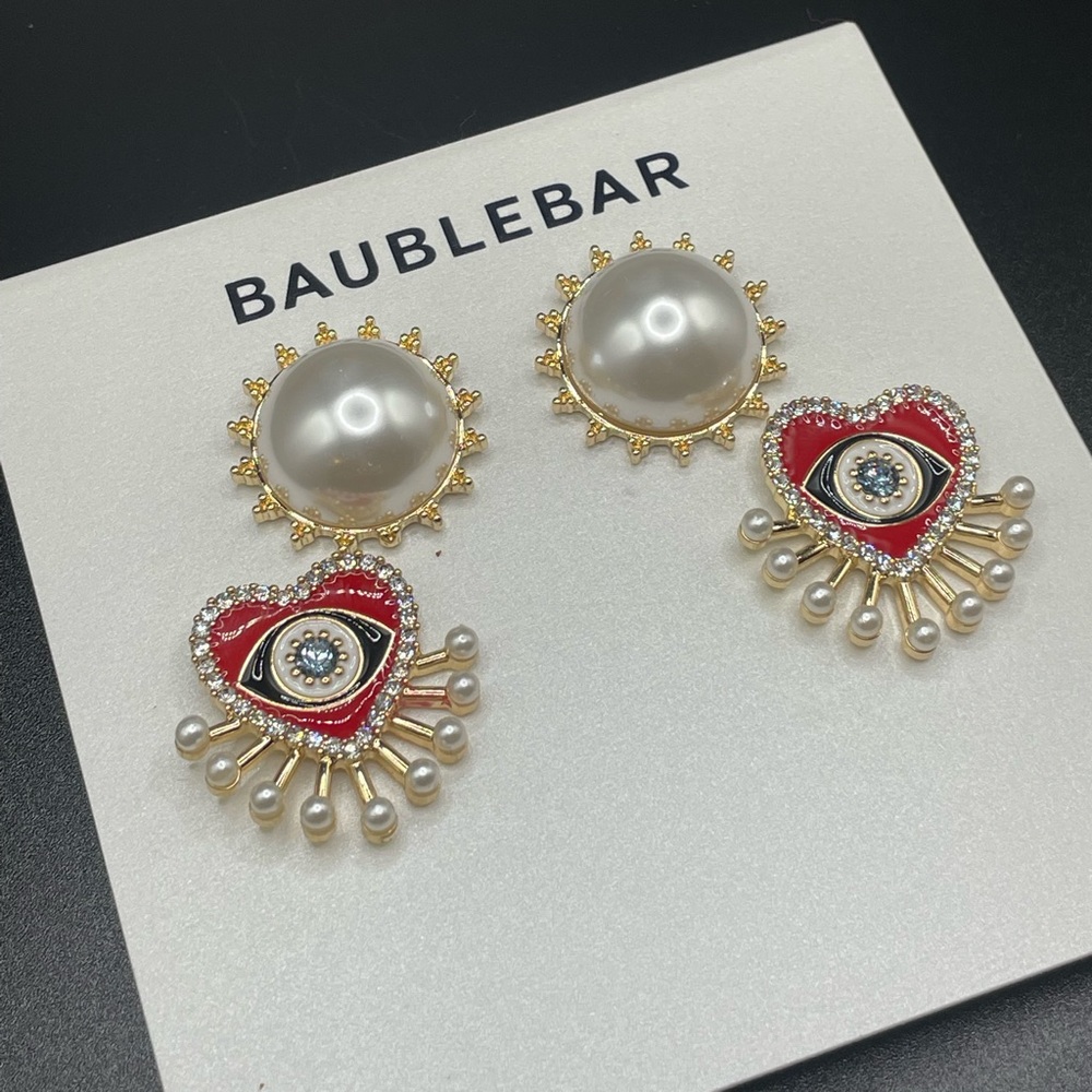 NWT BaubleBar Earrings, Evil Eye Red Black Faux Pearl Crystals 2 Pack